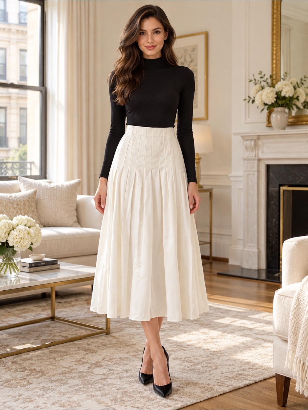 Georgette Ivory High-Waist Pleated Skirt Size S